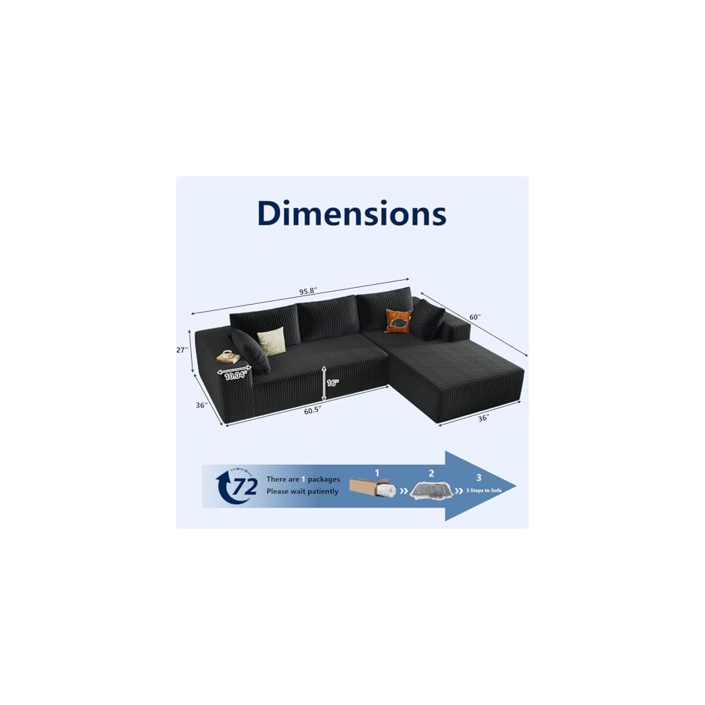 Modular Sectional Sofa Cloud Sectional Couch,96" Comfy Fluffy L-Shaped Couches for Living Room,Deep Seat Memory Foam Plush Corduroy Boneless Couch Sectionals No Assembly (Black,Right-Facing Chaise)