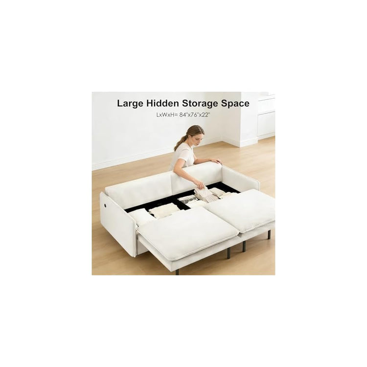 81” King Pull-Out Sofa Bed, 3-in-1 Convertible Sleeper Sofa with Storage Seat & USB Charging, Space-Saving Chenille Cloud Couch with Chaise Lounge for Living Room & Apartment, Beige