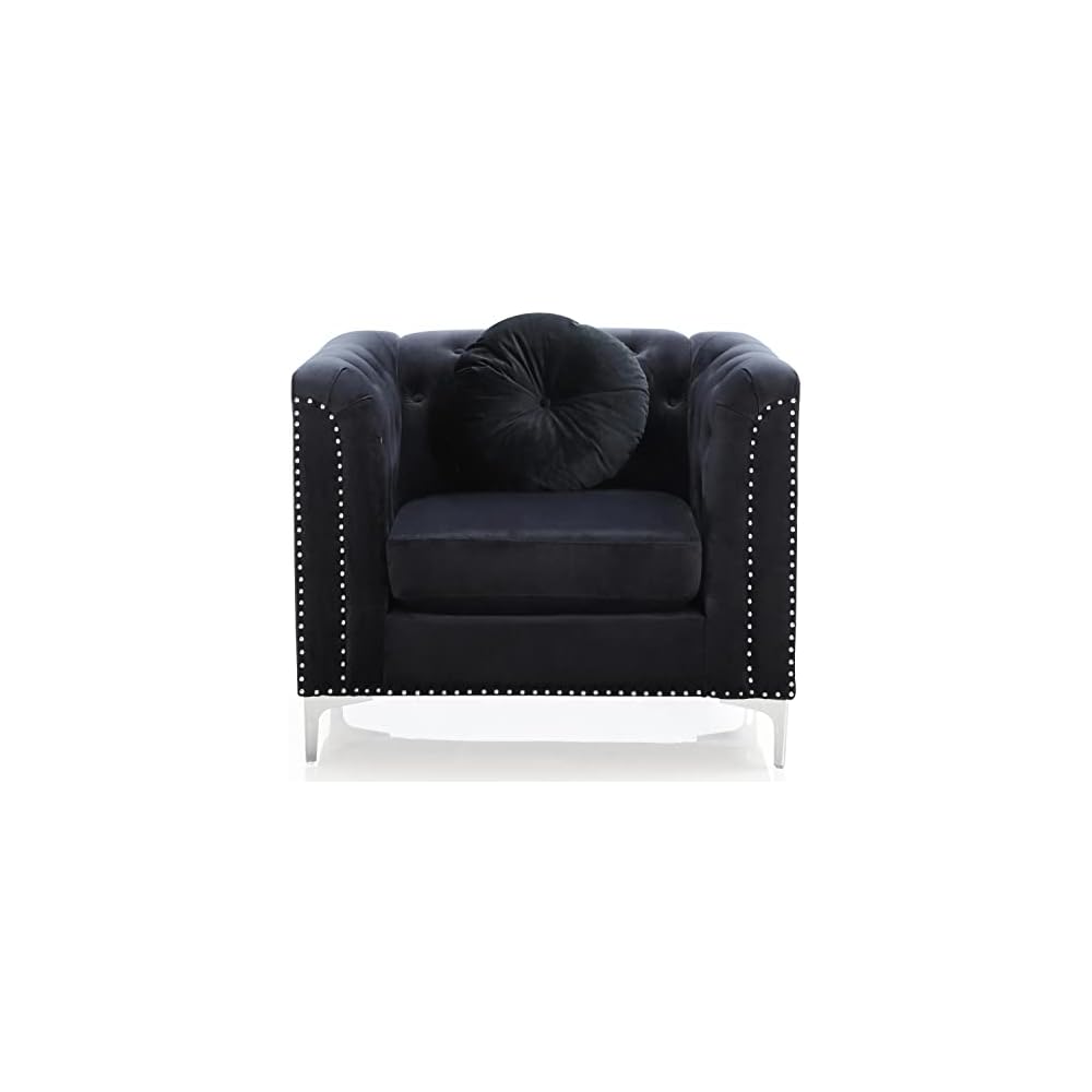 Indoor Home Office Decortative Guest Cushioned Seat/Sofa Pompano Black Tufted Velvet Accent Chair
