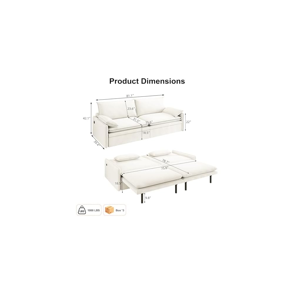 81” King Pull-Out Sofa Bed, 3-in-1 Convertible Sleeper Sofa with Storage Seat & USB Charging, Space-Saving Chenille Cloud Couch with Chaise Lounge for Living Room & Apartment, Beige