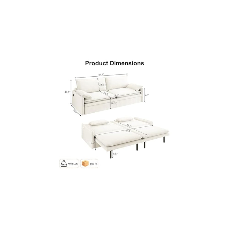 81” King Pull-Out Sofa Bed, 3-in-1 Convertible Sleeper Sofa with Storage Seat & USB Charging, Space-Saving Chenille Cloud Couch with Chaise Lounge for Living Room & Apartment, Beige