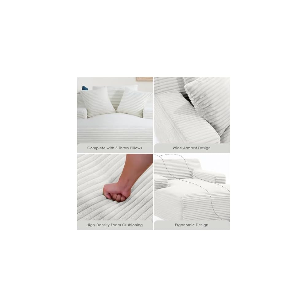 Container Furniture Chamden Oversized Chaise Lounge Chair, Modern Corduroy Sofa Bed with Full Foam Cushioning, Cozy Convertible Sleeper for Living Room or Bedroom, Ivory