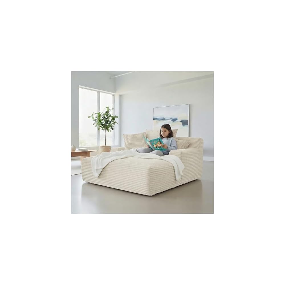 Container Furniture Chamden Oversized Chaise Lounge Chair, Modern Corduroy Sofa Bed with Full Foam Cushioning, Cozy Convertible Sleeper for Living Room or Bedroom, Ivory