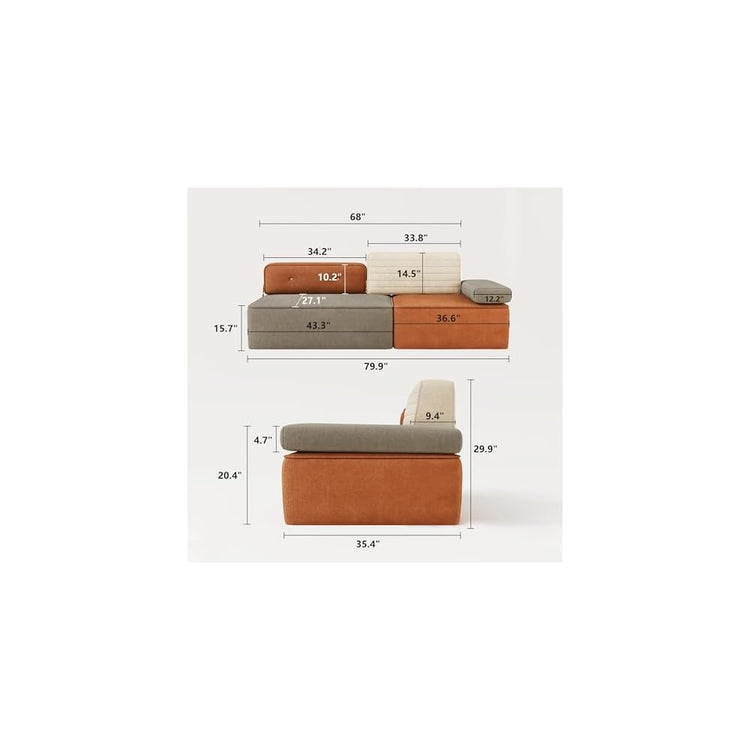 80"Mid‑Century Modular Sectional Sofa Fabric 3‑Seat Multi‑Tone
