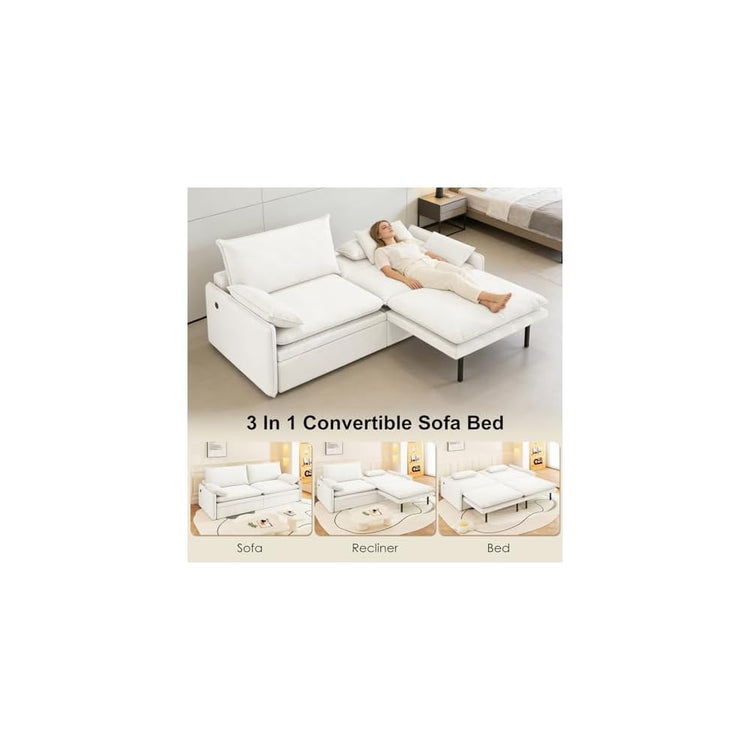 81” King Pull-Out Sofa Bed, 3-in-1 Convertible Sleeper Sofa with Storage Seat & USB Charging, Space-Saving Chenille Cloud Couch with Chaise Lounge for Living Room & Apartment, Beige