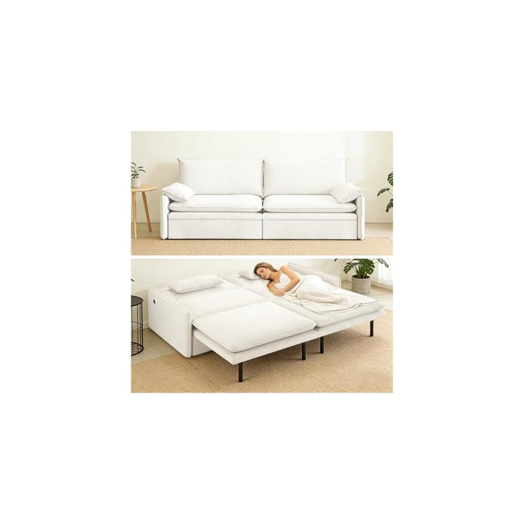 81” King Pull-Out Sofa Bed, 3-in-1 Convertible Sleeper Sofa with Storage Seat & USB Charging, Space-Saving Chenille Cloud Couch with Chaise Lounge for Living Room & Apartment, Beige