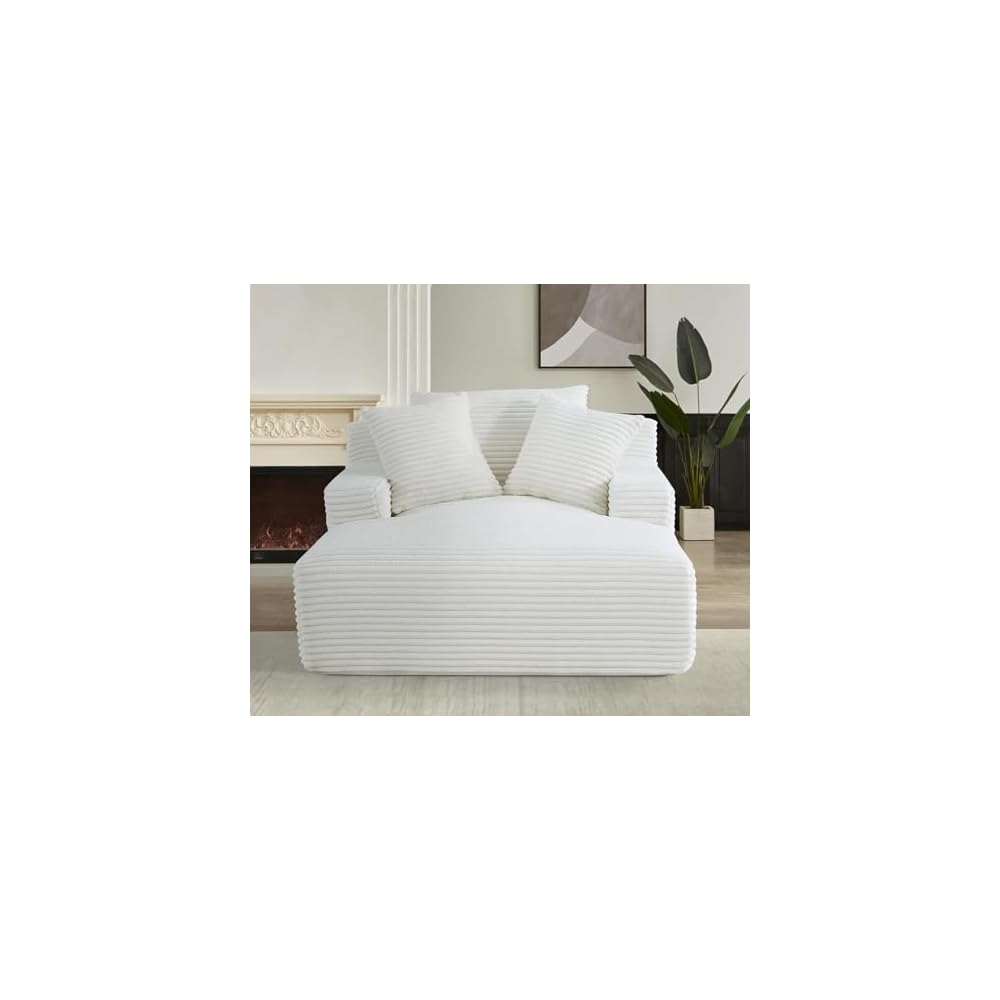 Container Furniture Chamden Oversized Chaise Lounge Chair, Modern Corduroy Sofa Bed with Full Foam Cushioning, Cozy Convertible Sleeper for Living Room or Bedroom, Ivory