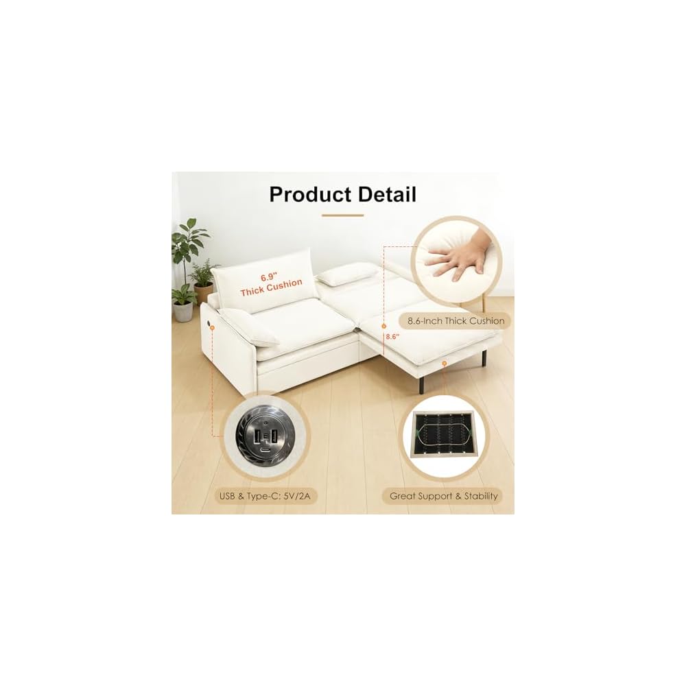 81” King Pull-Out Sofa Bed, 3-in-1 Convertible Sleeper Sofa with Storage Seat & USB Charging, Space-Saving Chenille Cloud Couch with Chaise Lounge for Living Room & Apartment, Beige