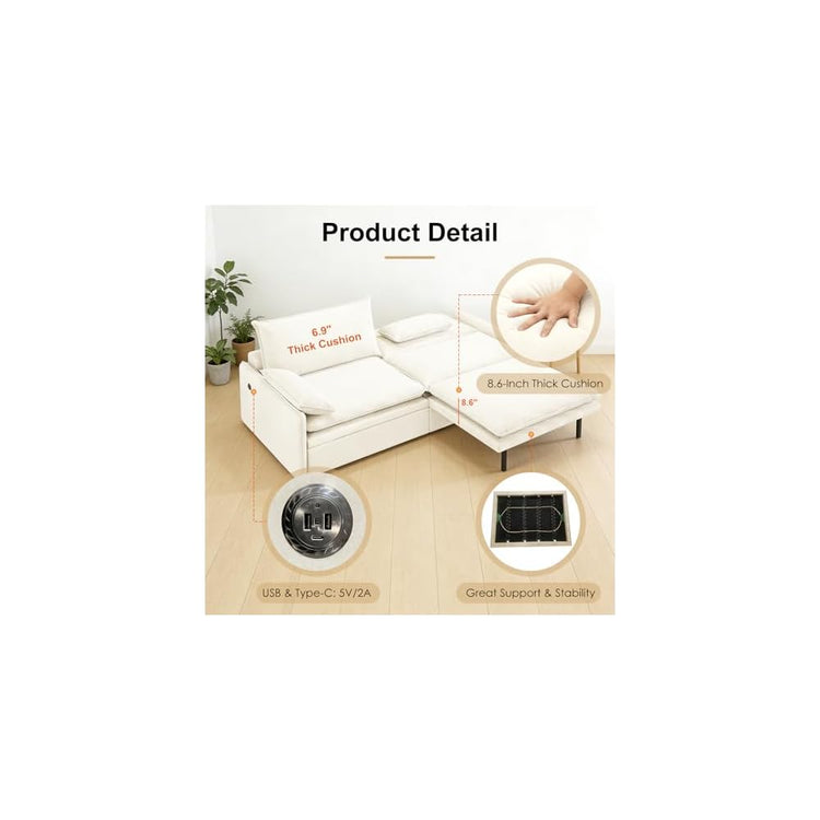 81” King Pull-Out Sofa Bed, 3-in-1 Convertible Sleeper Sofa with Storage Seat & USB Charging, Space-Saving Chenille Cloud Couch with Chaise Lounge for Living Room & Apartment, Beige