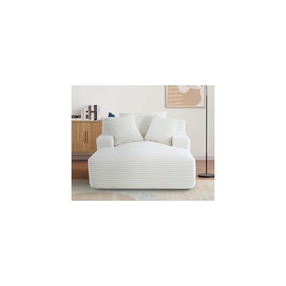Container Furniture Chamden Oversized Chaise Lounge Chair, Modern Corduroy Sofa Bed with Full Foam Cushioning, Cozy Convertible Sleeper for Living Room or Bedroom, Ivory