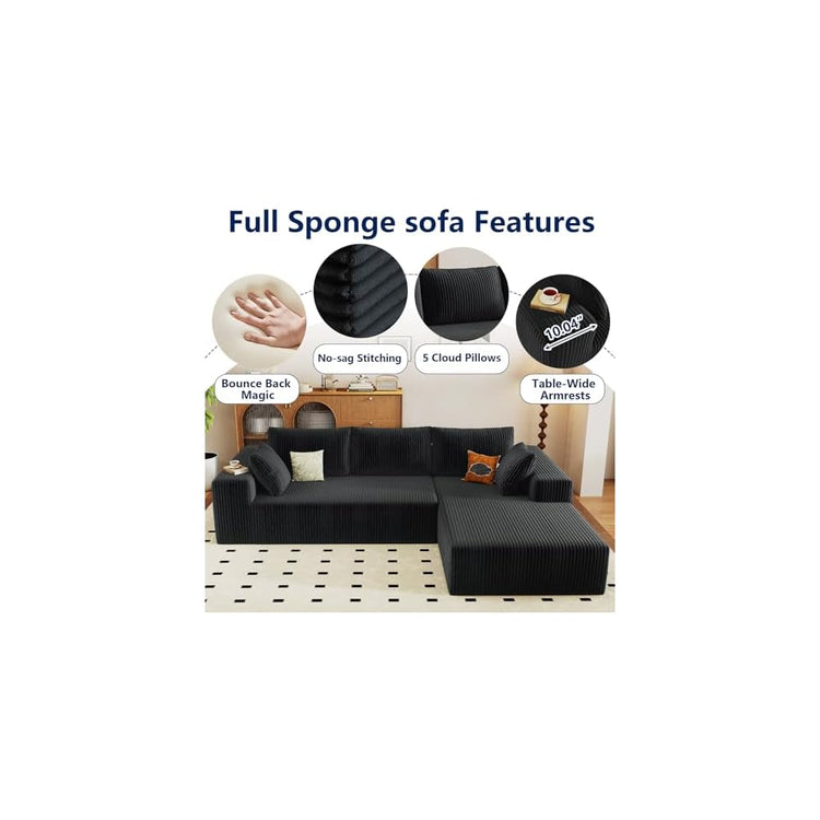 Modular Sectional Sofa Cloud Sectional Couch,96" Comfy Fluffy L-Shaped Couches for Living Room,Deep Seat Memory Foam Plush Corduroy Boneless Couch Sectionals No Assembly (Black,Right-Facing Chaise)