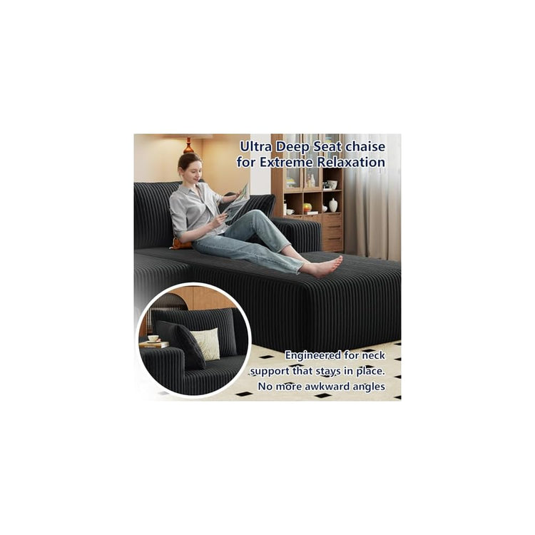Modular Sectional Sofa Cloud Sectional Couch,96" Comfy Fluffy L-Shaped Couches for Living Room,Deep Seat Memory Foam Plush Corduroy Boneless Couch Sectionals No Assembly (Black,Right-Facing Chaise)