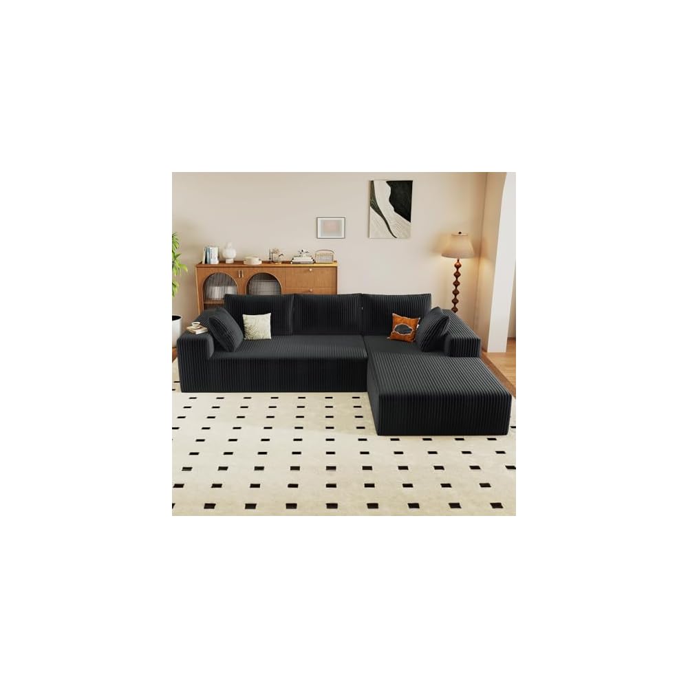 Modular Sectional Sofa Cloud Sectional Couch,96" Comfy Fluffy L-Shaped Couches for Living Room,Deep Seat Memory Foam Plush Corduroy Boneless Couch Sectionals No Assembly (Black,Right-Facing Chaise)