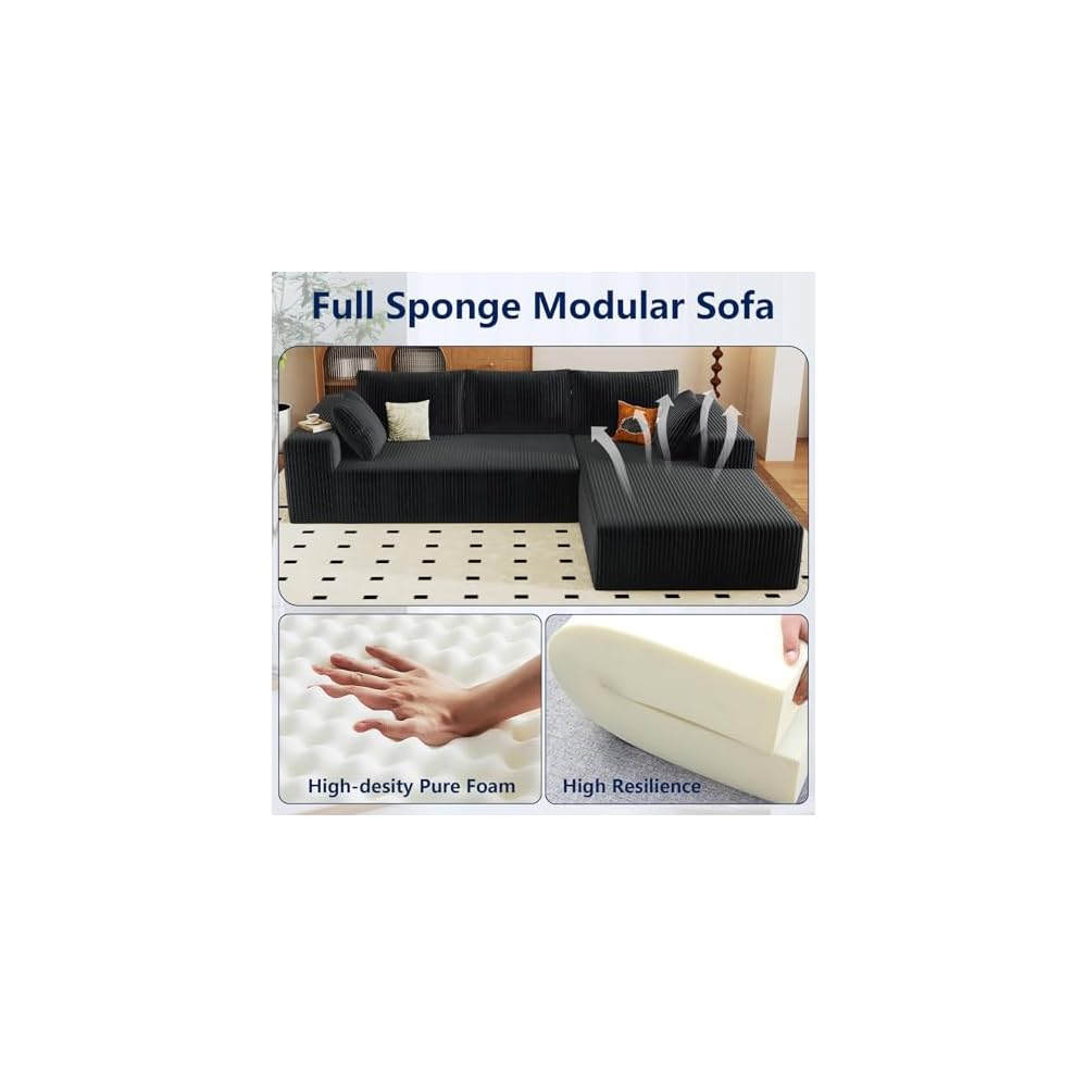 Modular Sectional Sofa Cloud Sectional Couch,96" Comfy Fluffy L-Shaped Couches for Living Room,Deep Seat Memory Foam Plush Corduroy Boneless Couch Sectionals No Assembly (Black,Right-Facing Chaise)