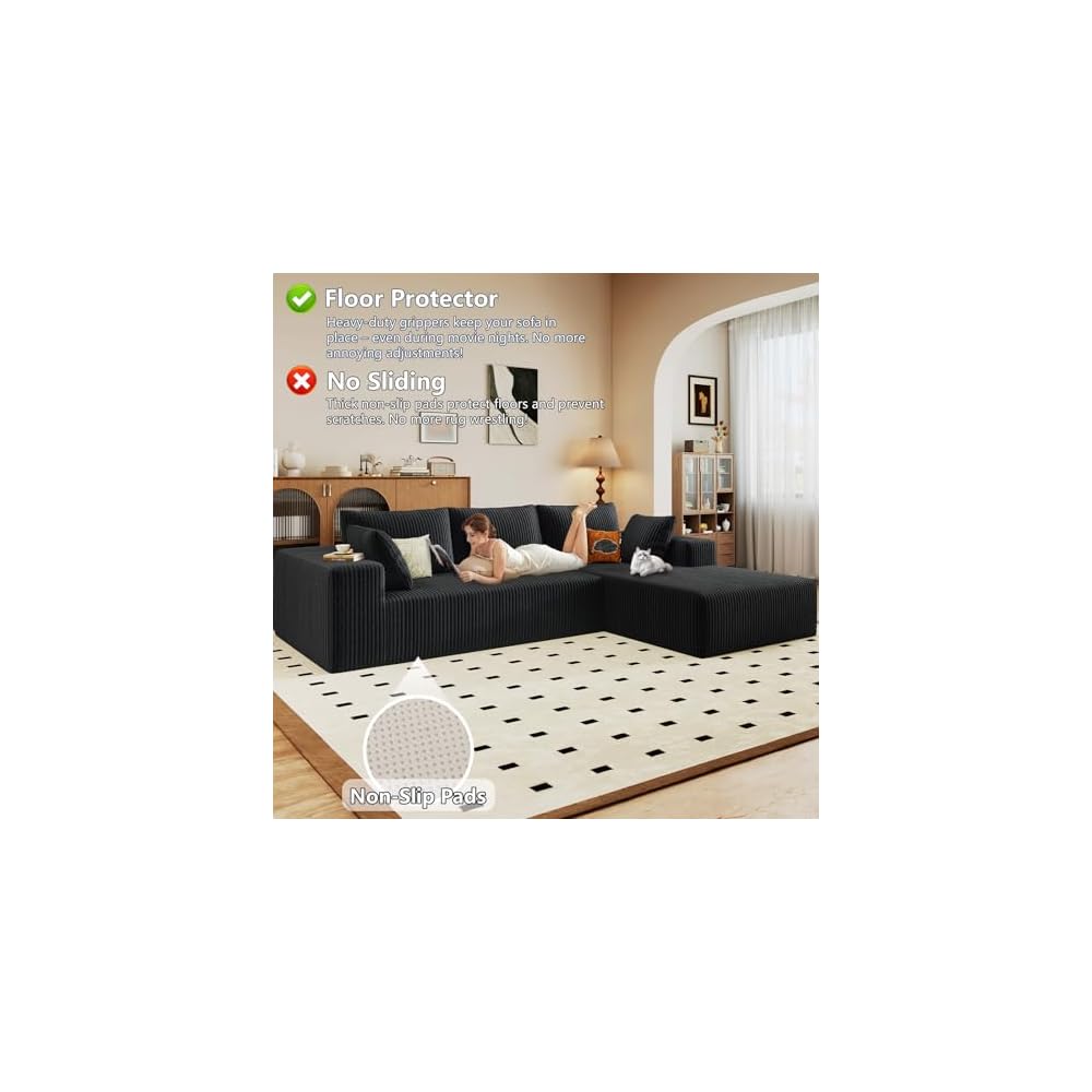 Modular Sectional Sofa Cloud Sectional Couch,96" Comfy Fluffy L-Shaped Couches for Living Room,Deep Seat Memory Foam Plush Corduroy Boneless Couch Sectionals No Assembly (Black,Right-Facing Chaise)