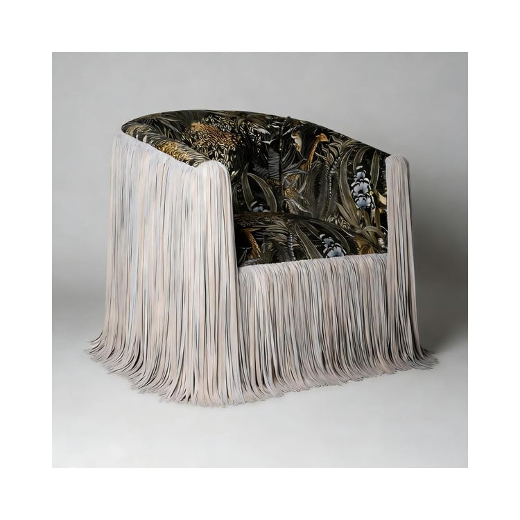 Black Floral Accent Chair, Fringe Upholstered Bucket Lounge Chair