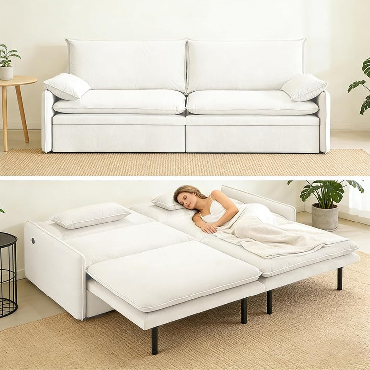 81” King Pull-Out Sofa Bed, 3-in-1 Convertible Sleeper Sofa with Storage Seat & USB Charging, Space-Saving Chenille Cloud Couch with Chaise Lounge for Living Room & Apartment, Beige